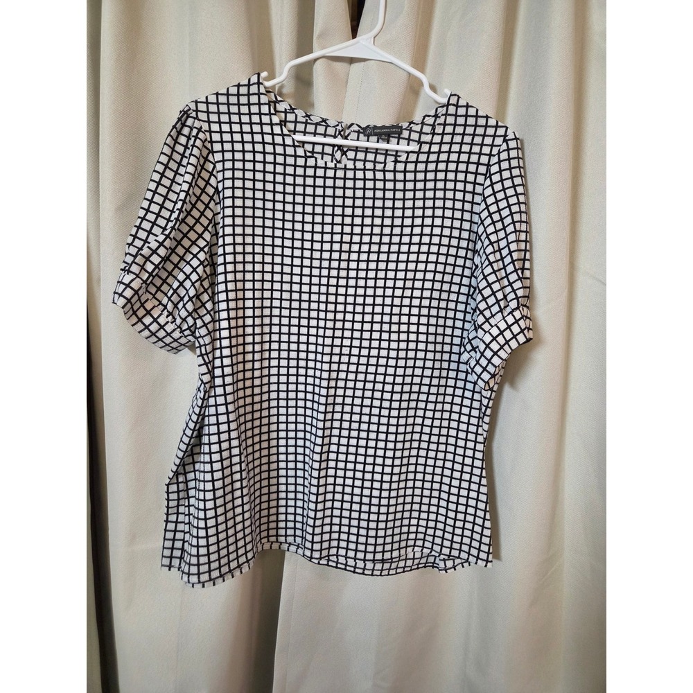 Adrianna Papell Womens XL Black White Grid Windowpane Short Sleeve Blouse Top